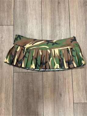 Camo Pleated Micro Mini Skirt - Green/Brown/Black